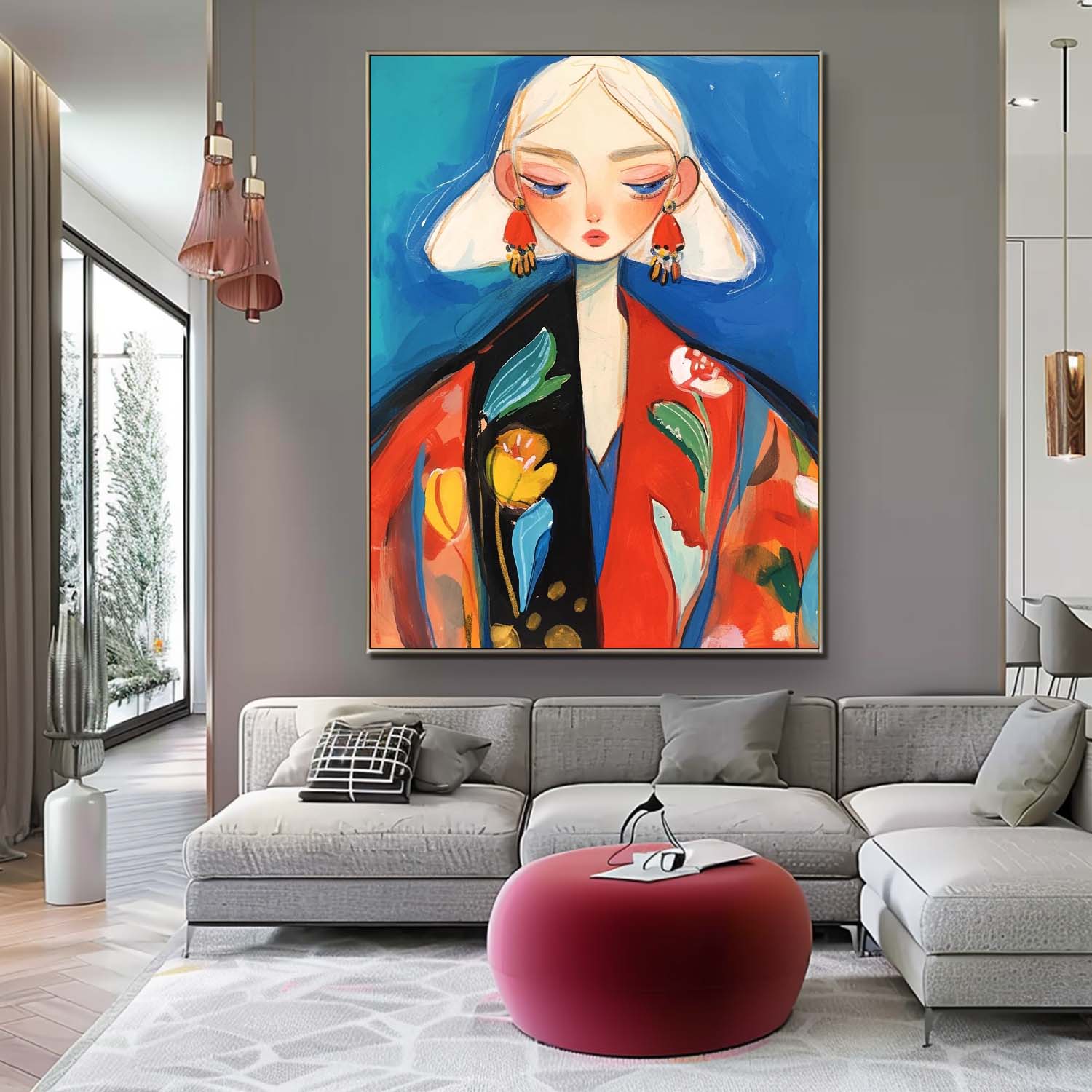 Large Fgure Acrylic Painting Cute Girl Original Abstract Wall Art Cartoon Character Painting Framed Artwork
