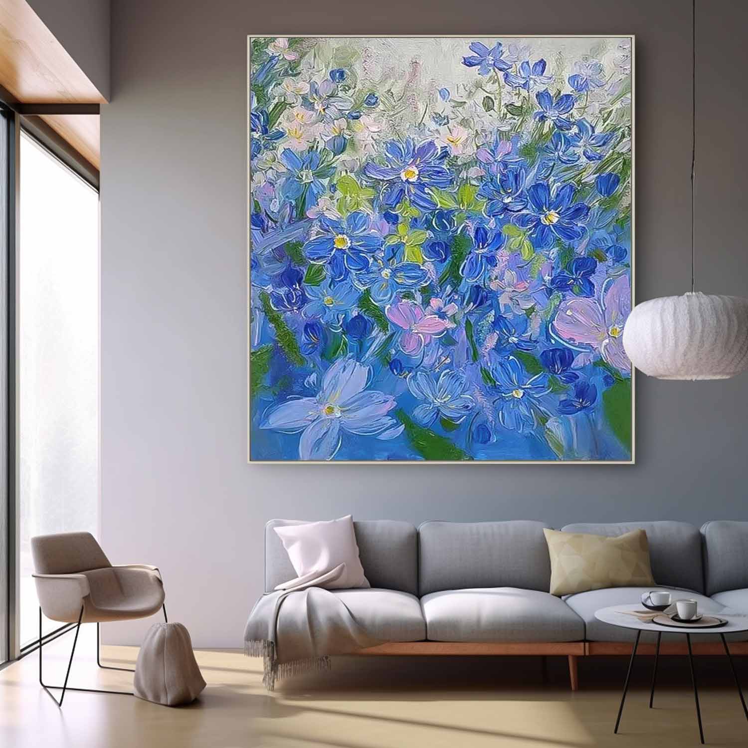 Modern Blue Purple Flower Wall Art Abstract Acrylic Painting On Canvas Large Enchanting Floral Artwork