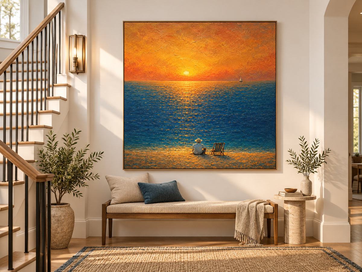 Modern Impressionist Textured Ocean Sunset Art With Golden Glow