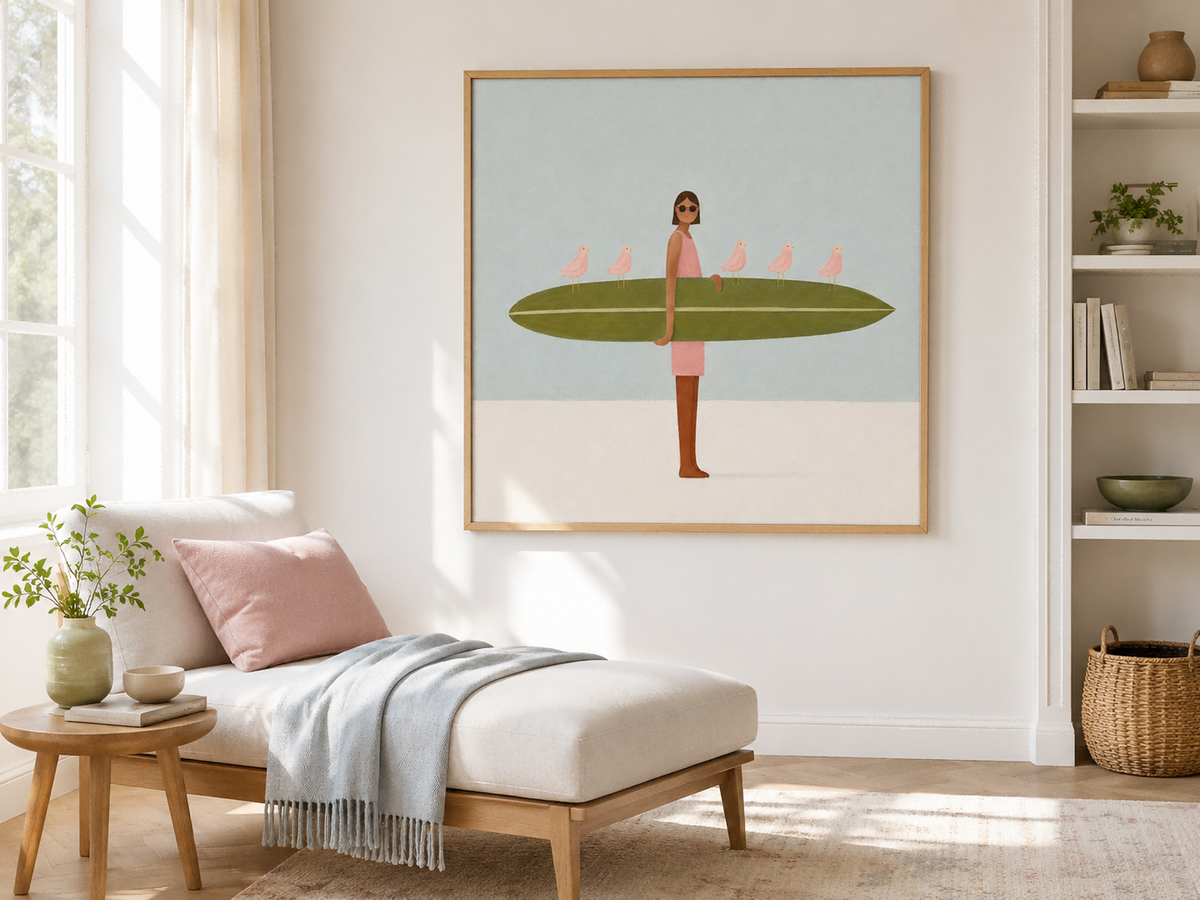 Hand-Painted Surfboard Girl With Birds Abstract Canvas Art In Green And Pink
