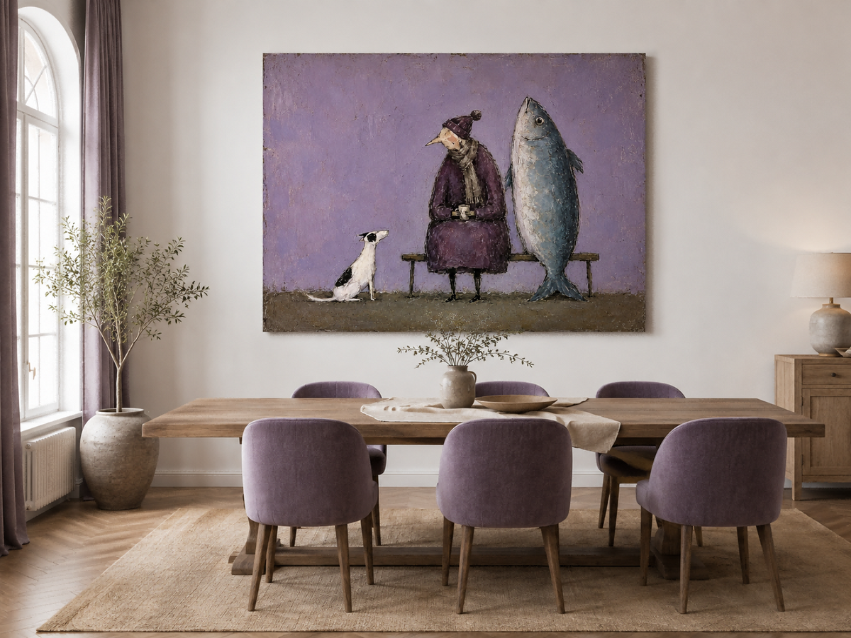 Surreal Modern Folklore Canvas Painting With Textured Finish And Retro Charm