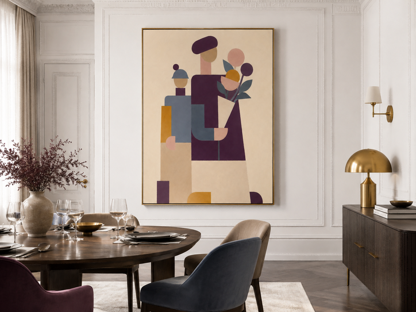 Contemporary Abstract Oil Painting With Flat Design And Earthy Color Palette