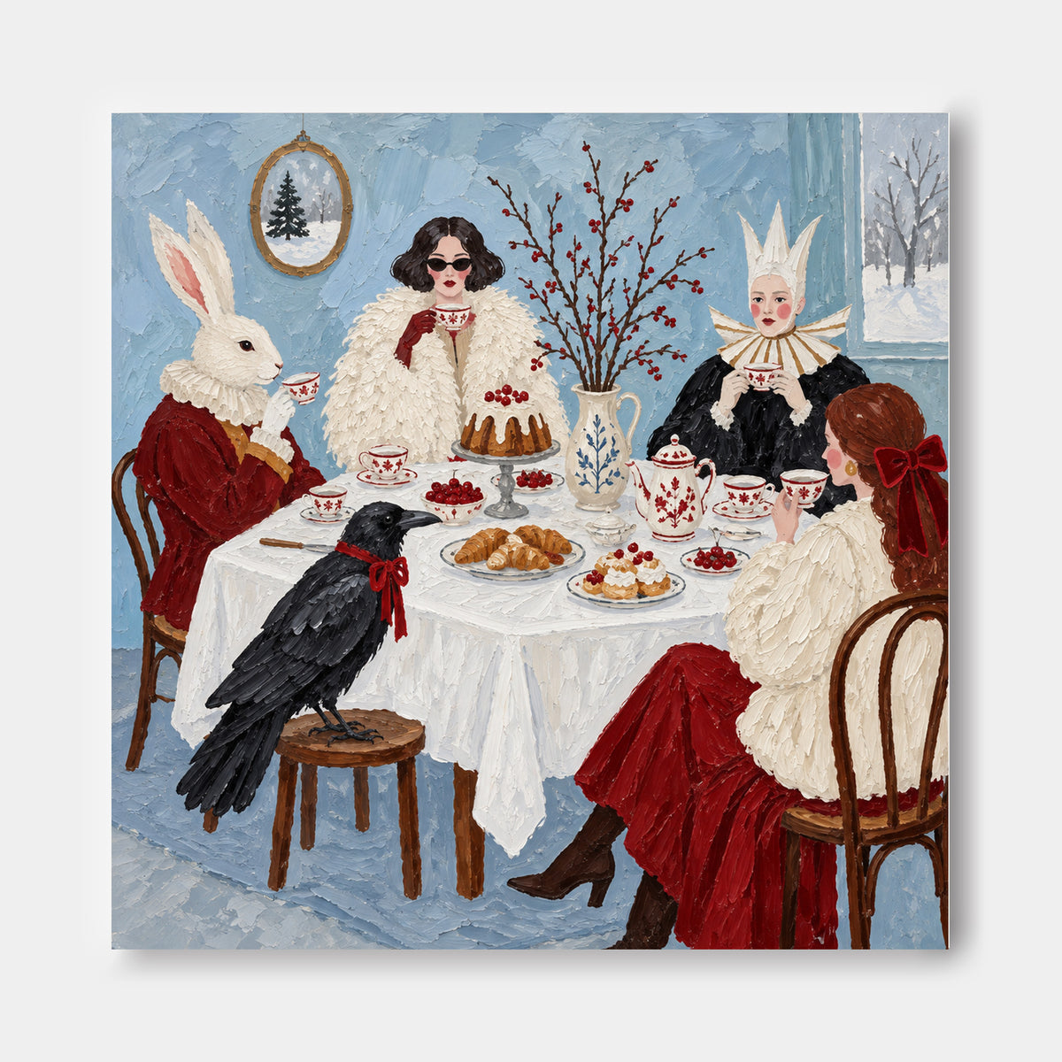 Surreal Winter Tea Party With Rabbit Hand-Painted Canvas Art In Red And Blue