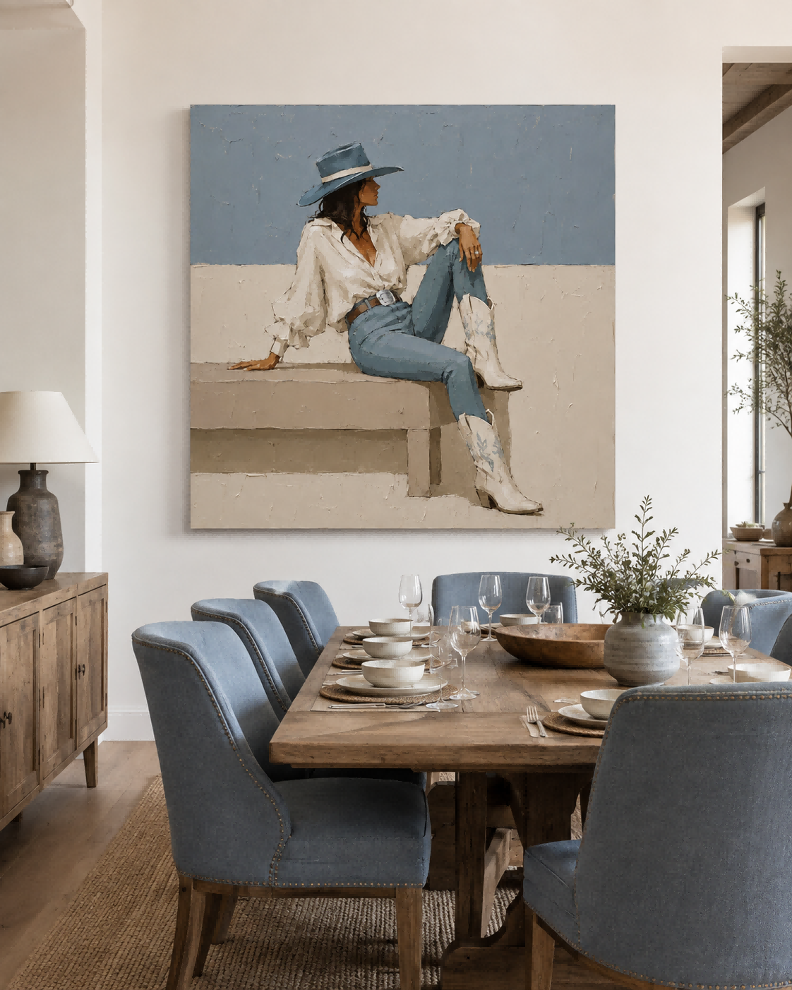 Textured Square Canvas Art Featuring Woman In Cowboy Hat And Boots
