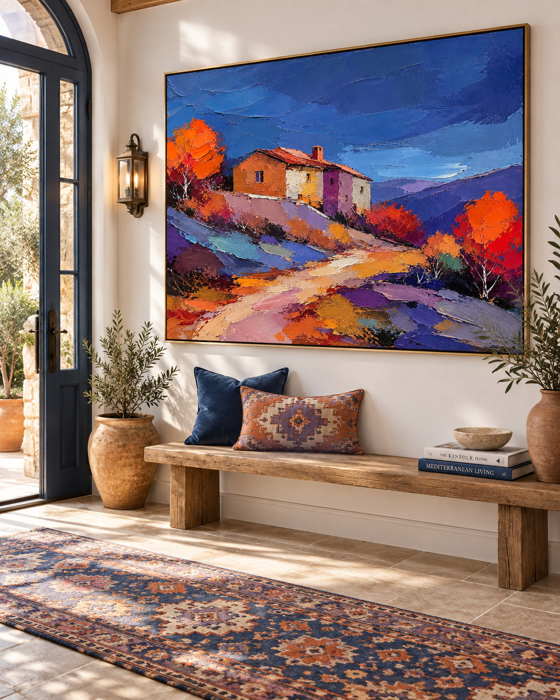 Hand-Painted Autumn Landscape With Cottage And Colorful Hills Canvas Art