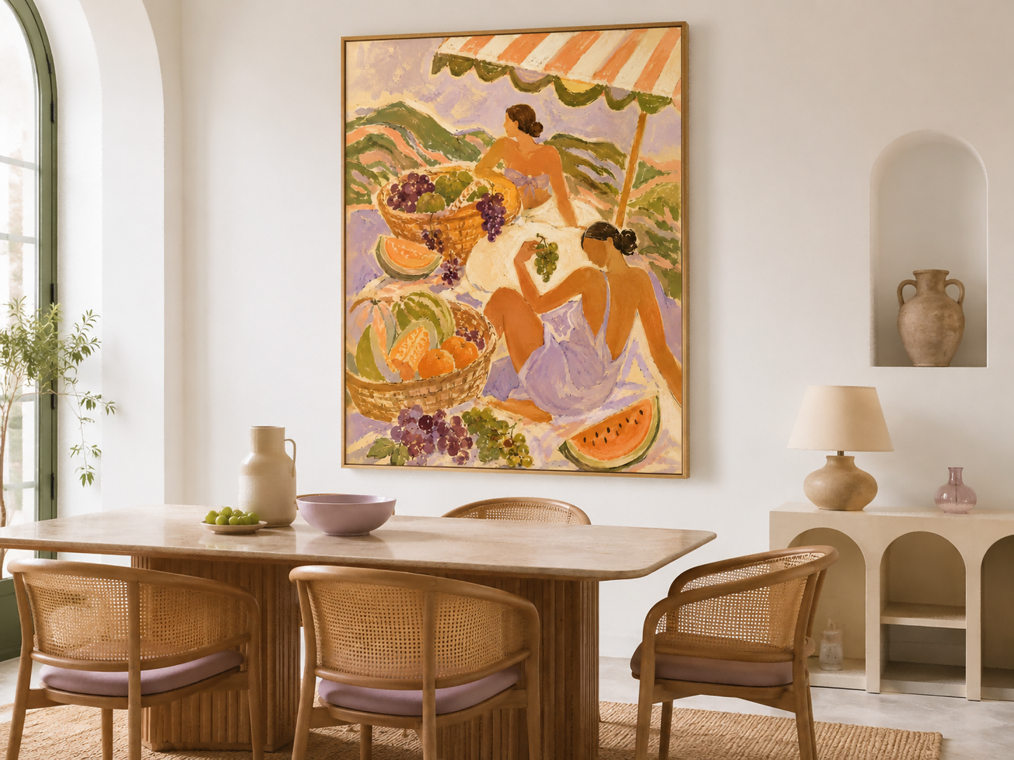 Fantasy Style Lavender And Orange Abstract Figure Oil Painting On Canvas Art Deco Women With Fruit Basket Hand-Painted Canvas Wall Art