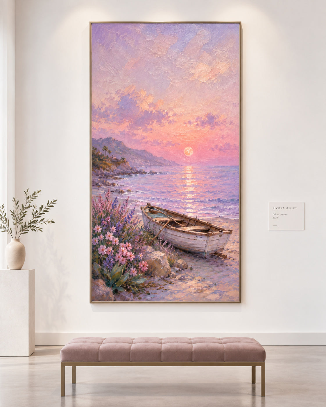 Hand-Painted Sunset Boat Seascape Canvas Art In Pink And Purple