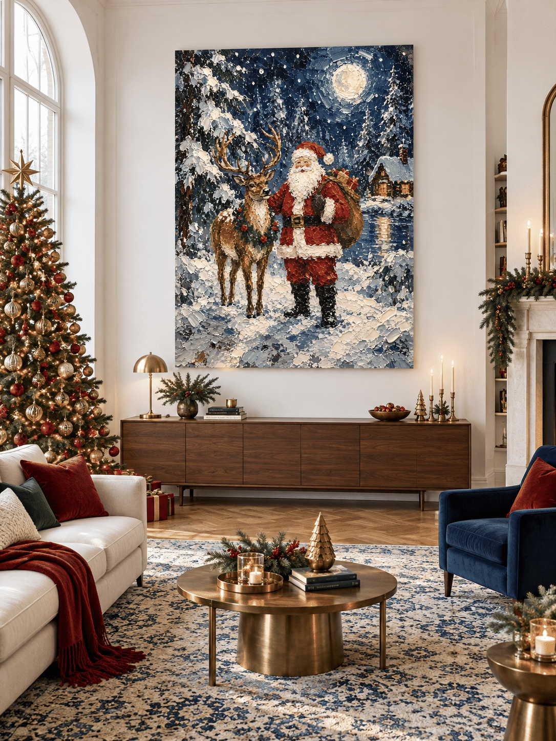 Santa And Reindeer Hand-Painted Canvas Art With Snowy Night Scene