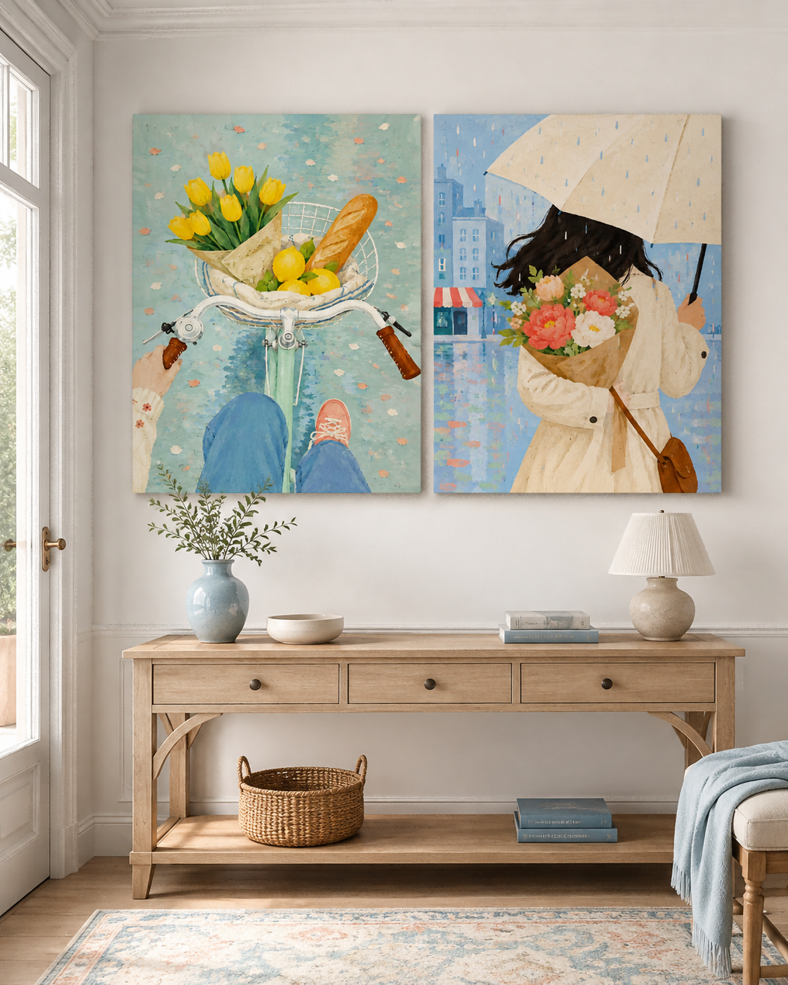 Hand-Painted Floral And City Life Diptych Canvas Art With Yellow Tulips