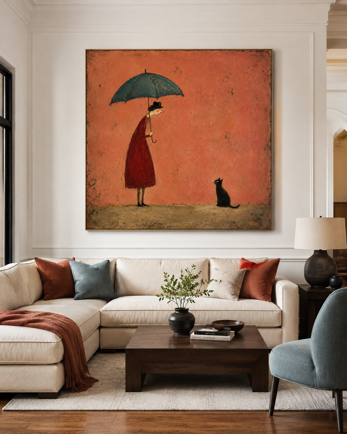 Whimsical Retro Illustration Style Original Art On Canvas Lady With Umbrella And Black Cat Vintage Canvas Painting
