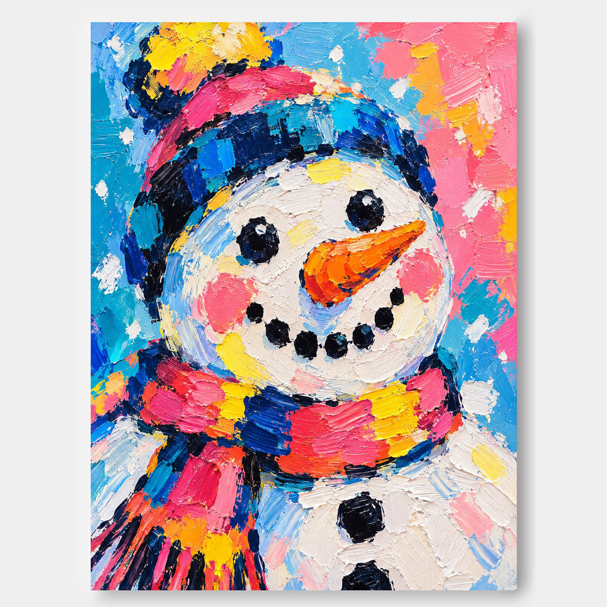 Modern Naive Art Snowman Painting High Saturation Pink Blue Yellow Textured Original Art