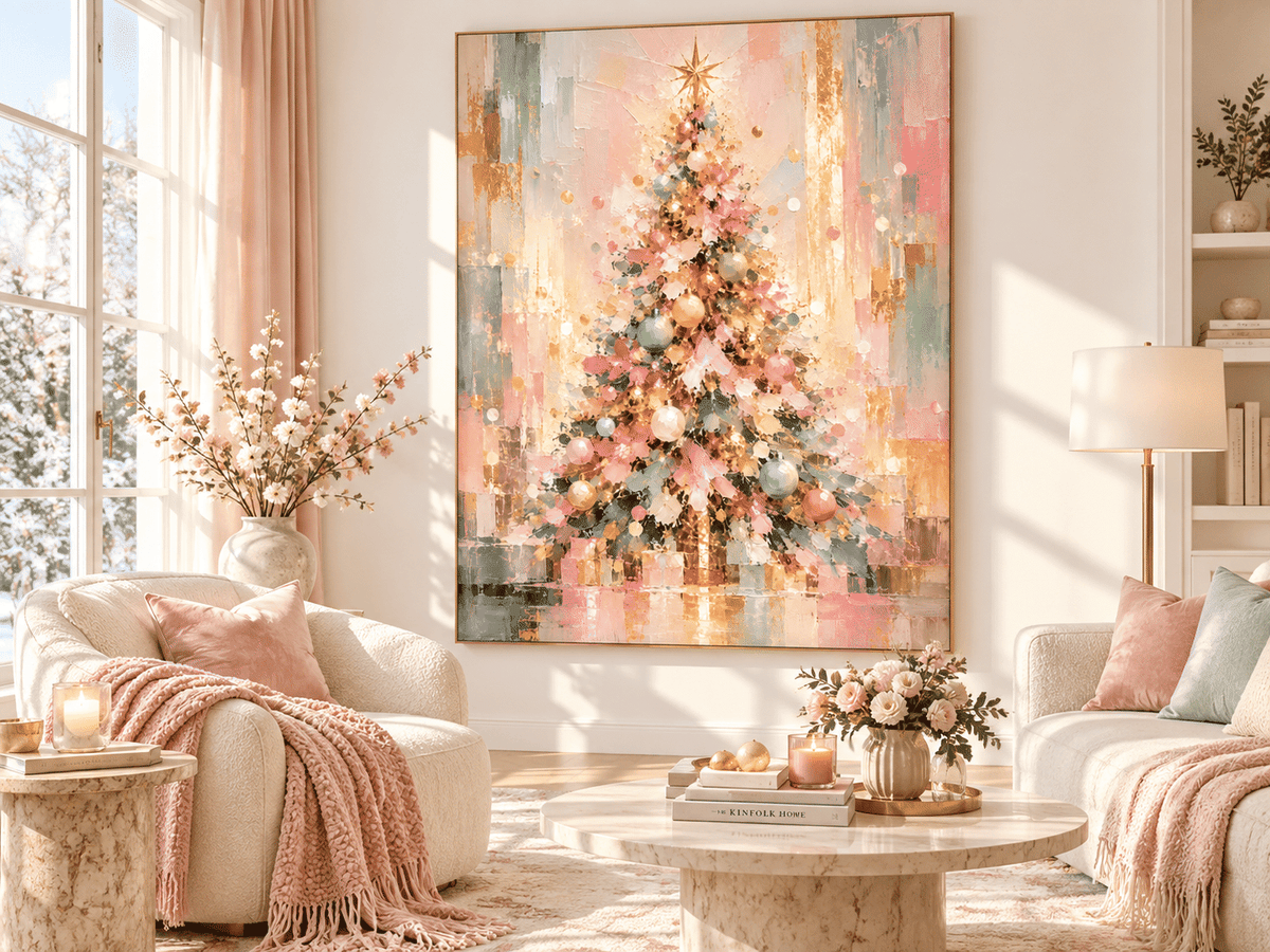 Hand-Painted Abstract Christmas Tree Canvas Art In Pink And Gold Modern Vintage Abstract Painting