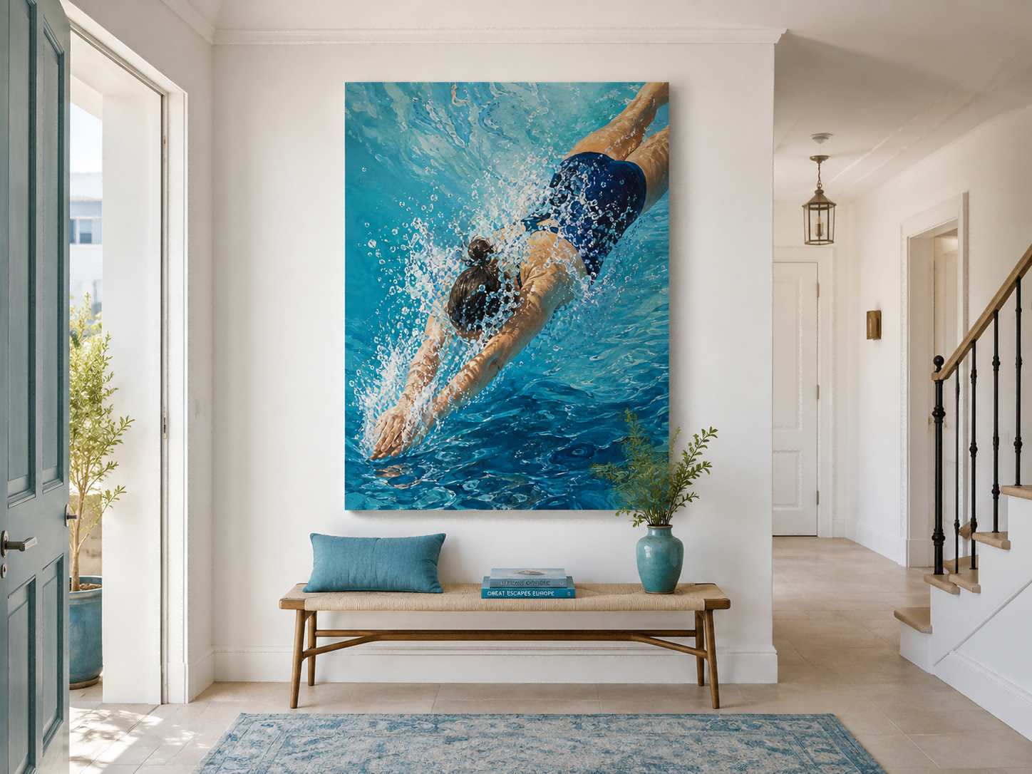 Impressionist Water Splash Art Blue Swimming Scene Canvas Print For Living Room
