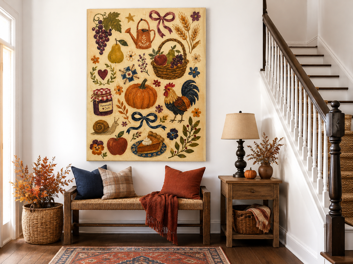 American Country Style Wall Art Vintage Collage Of Fruits And Flowers On Canvas