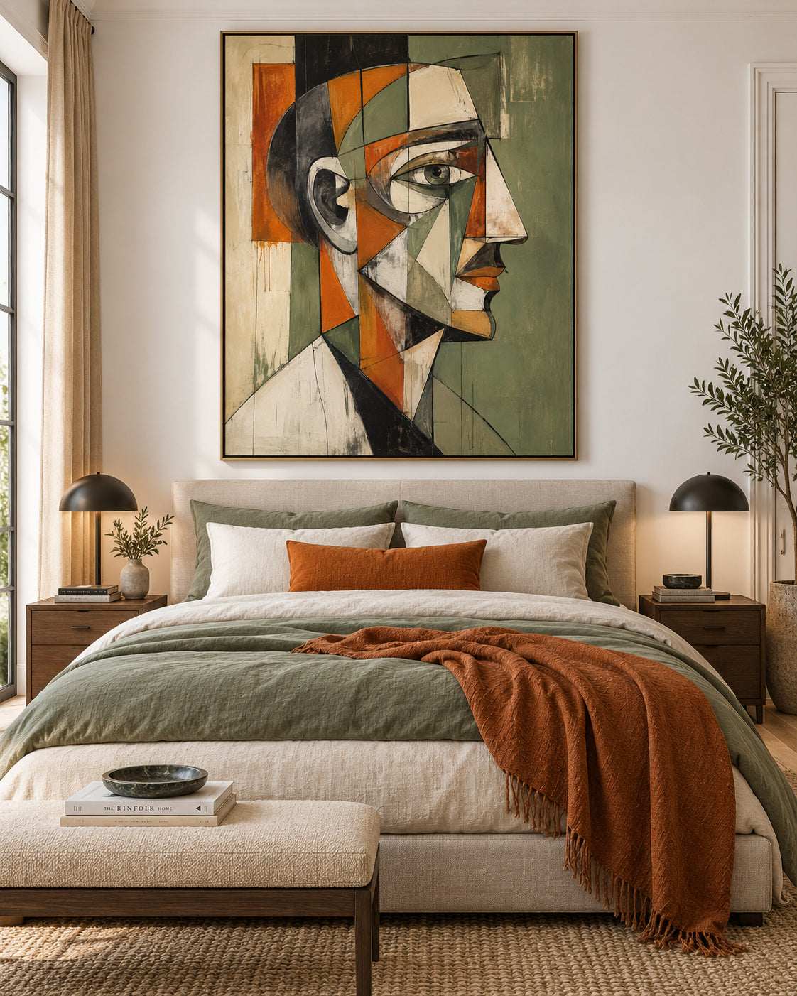 Picasso Style Cubism Artwork Textured Oil Painting Green And Orange Tones
