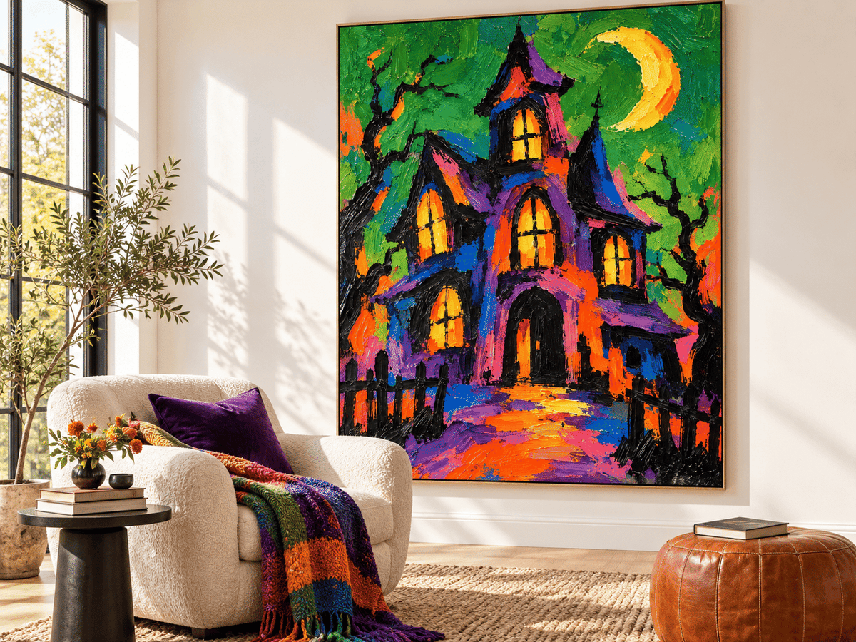 Haunted Manor Painting With Moon Hand-Painted Canvas Art In Purple And Orange Modern Halloween Wall Art