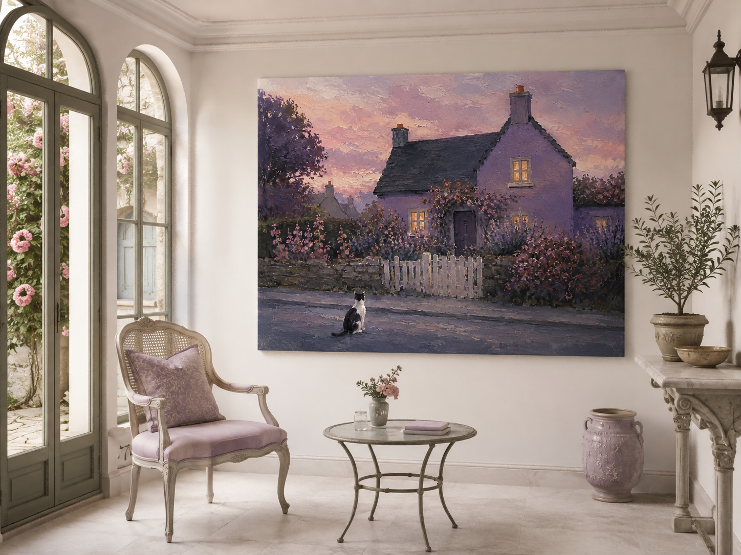 Pastoral Romantic Oil Style Art Purple House And Flowers