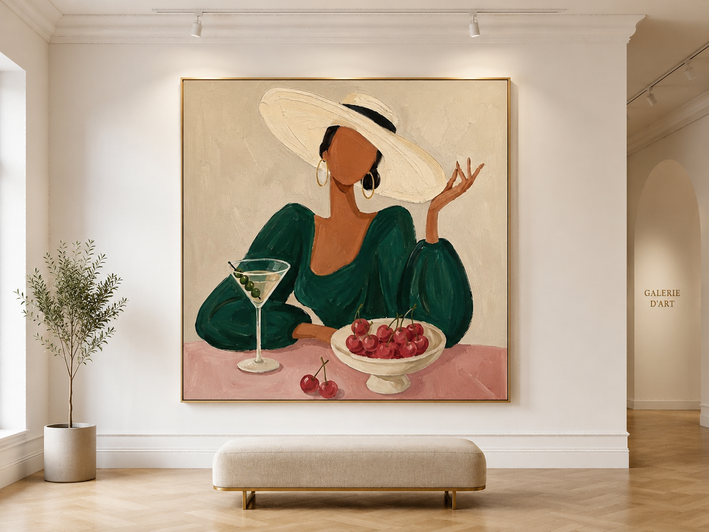 Stylish Female Figure Oil Painting With Martini Glass Ideal For Boutique Lounge And Bar Area Decoration