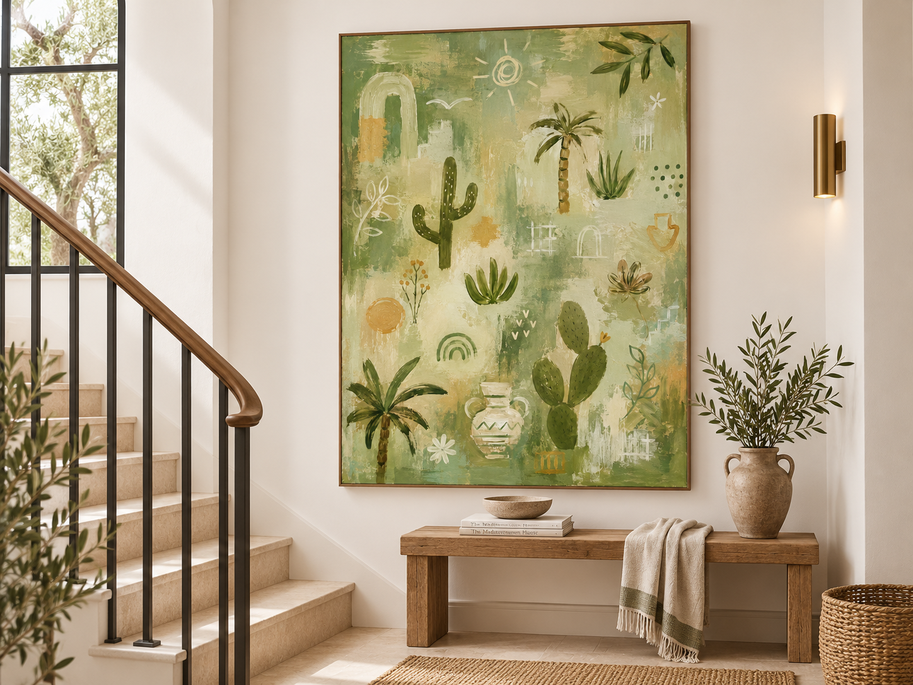 Modern Geometric Abstract Painting With Natural Motifs In Green