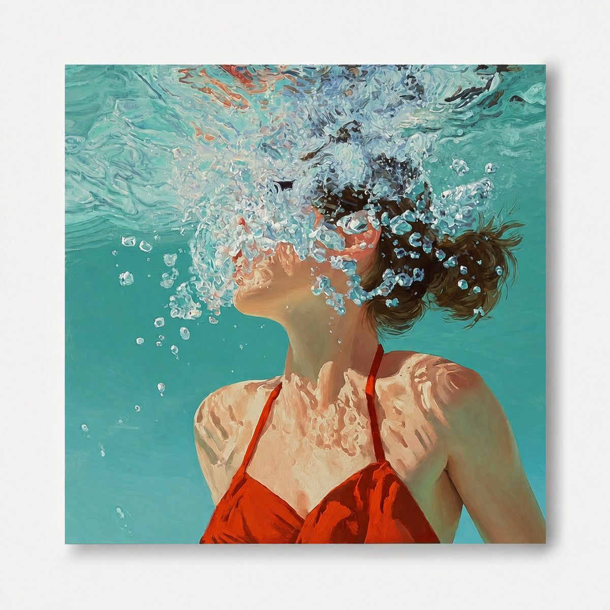Square Diving In Ocean Sensual Woman Acrylic Painting Original Girl swimming Wall Art Lovely Lady Artwork