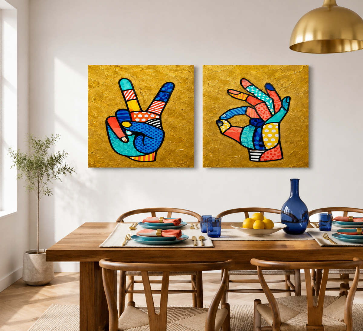 Pop Art Hand Gestures Canvas Painting Set With Gold Background