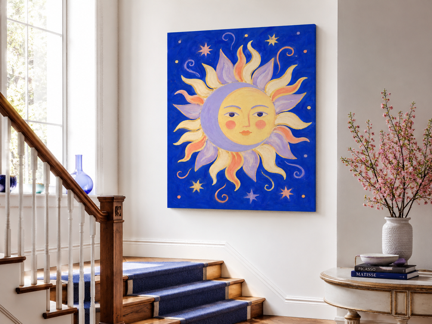 Art Deco Inspired Fantasy Sun Moon Painting With Cosmic Theme