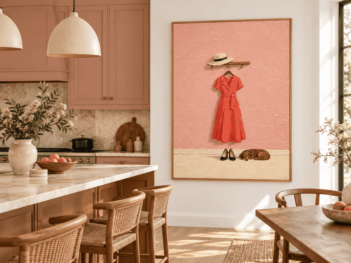 Red Dress And Dachshund Hand-Painted Canvas Art With Textured Pink Wall