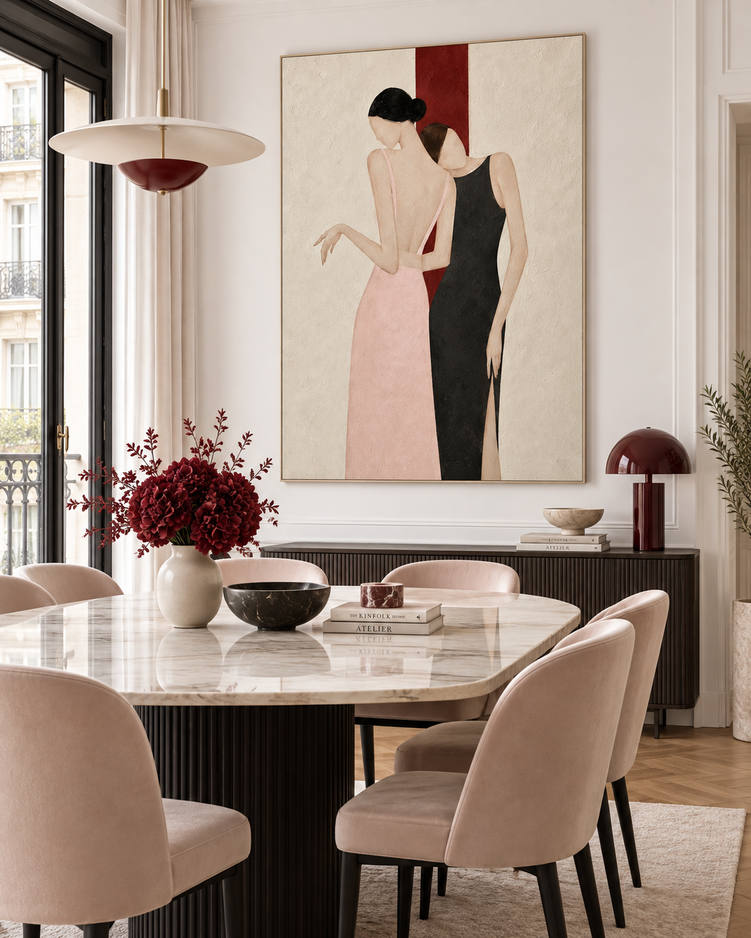 Two Women Embrace Minimalist Canvas Painting In Pink And Black