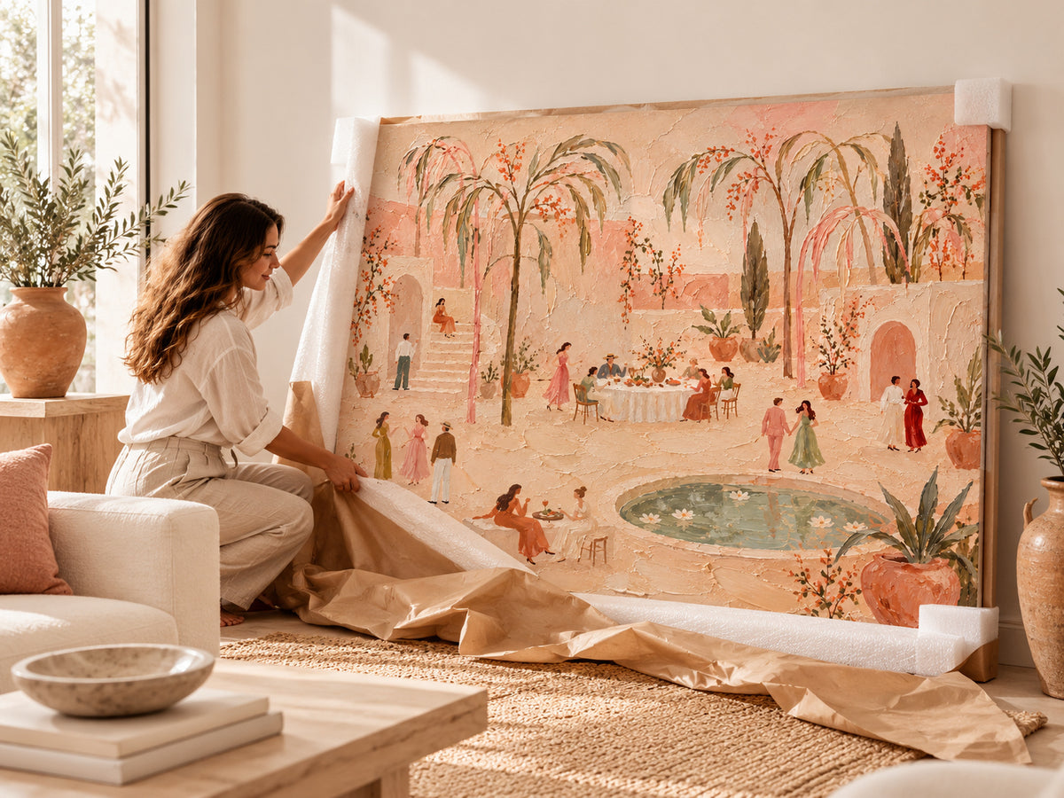 Vintage Moroccan Style Painting With Soft Pink And Green Tones