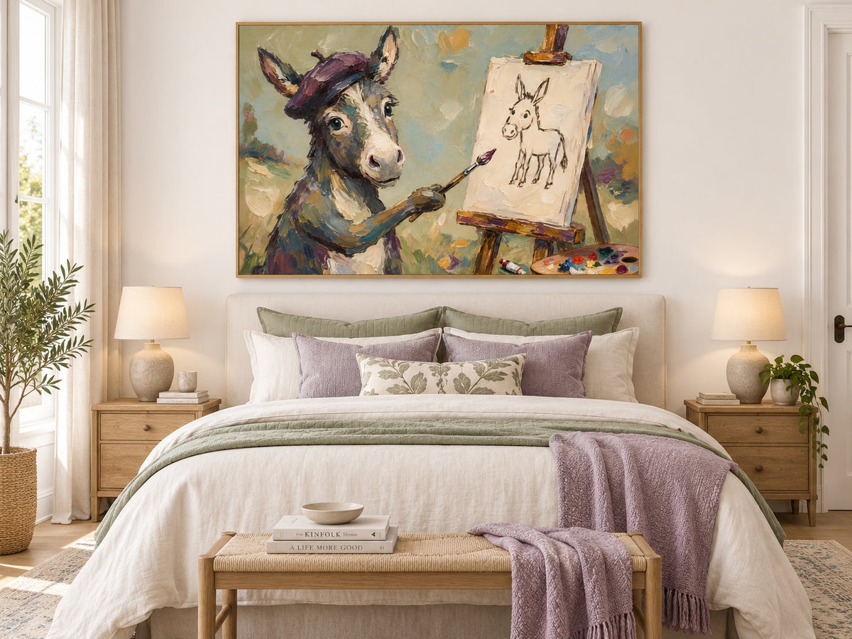 Hand-Painted Donkey Artist Canvas Painting With Beret In Olive Green Tones