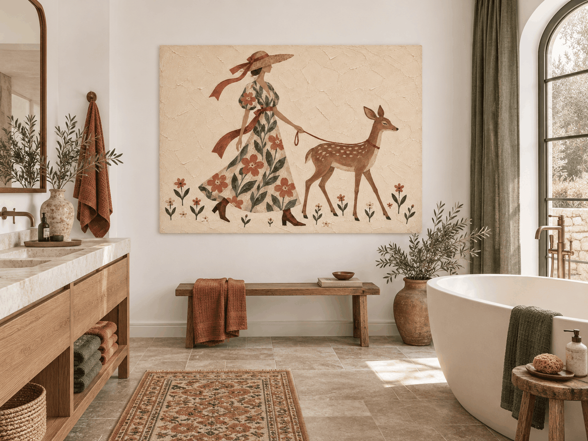 Lady With Deer Floral Hand-Painted Canvas Art In Warm Beige Tones