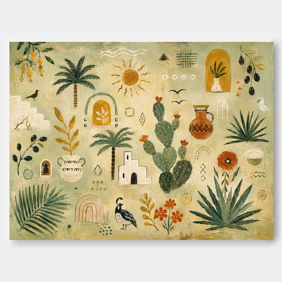 Hand-Painted Cactus And Palm Tree Abstract Canvas Art With Sun