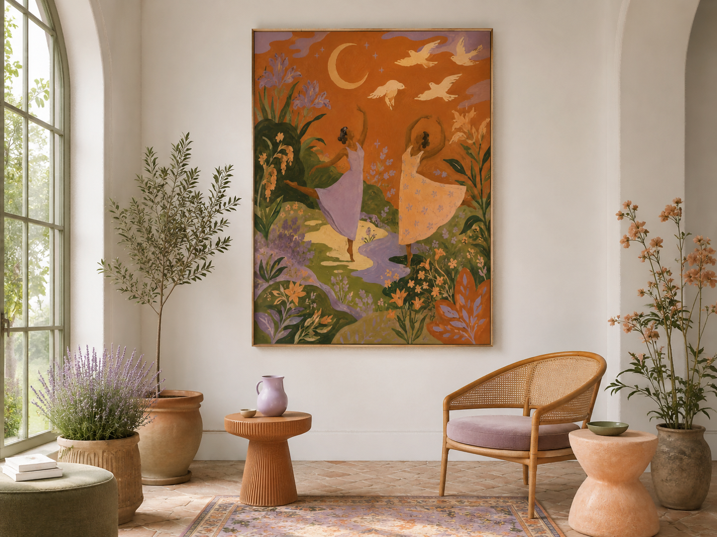 Surreal Night Garden Dance Painting Art Deco Style Handmade Canvas Artwork