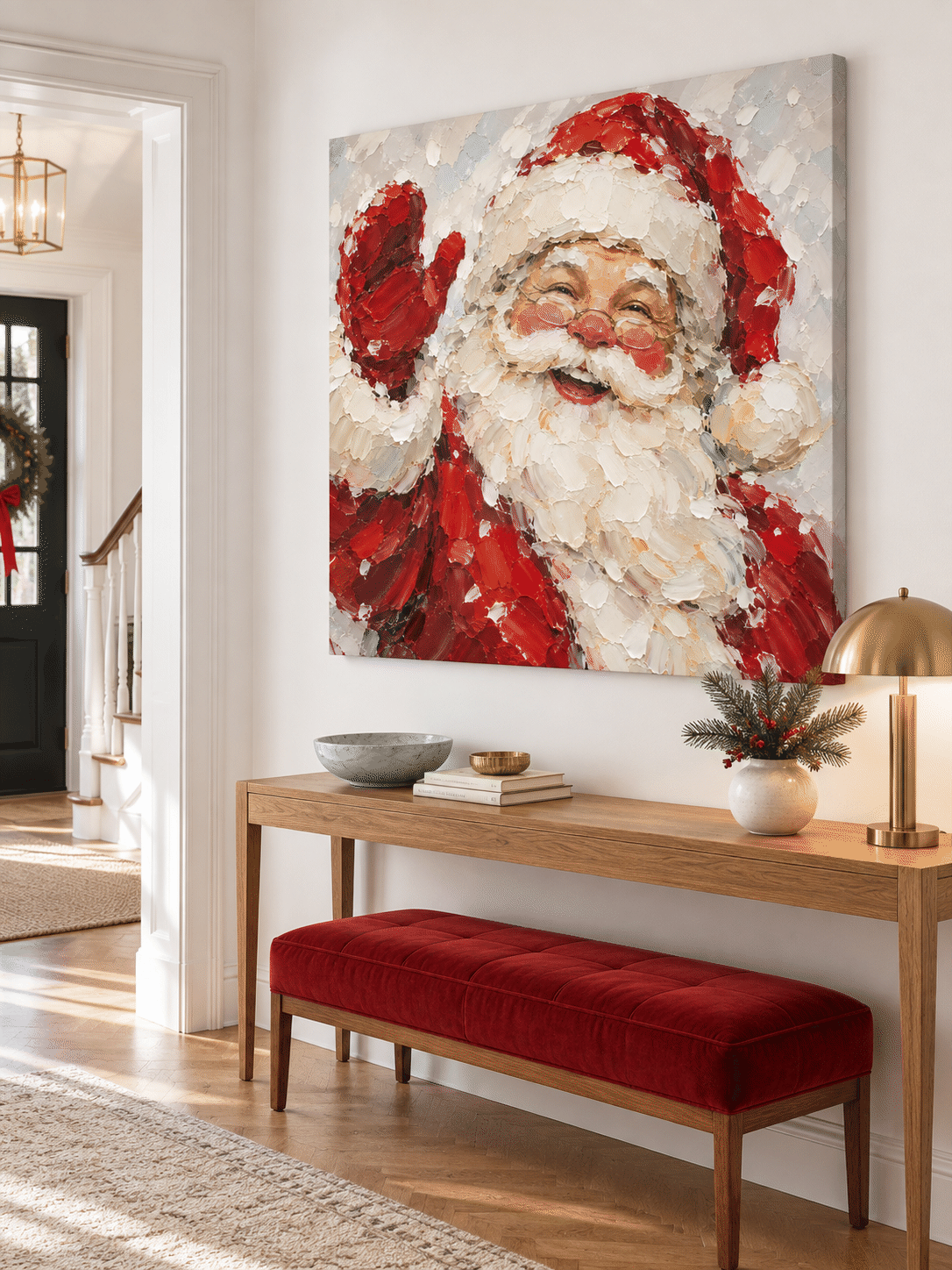 Hand-Painted Santa Claus Portrait With Red Hat And Glasses Canvas Art