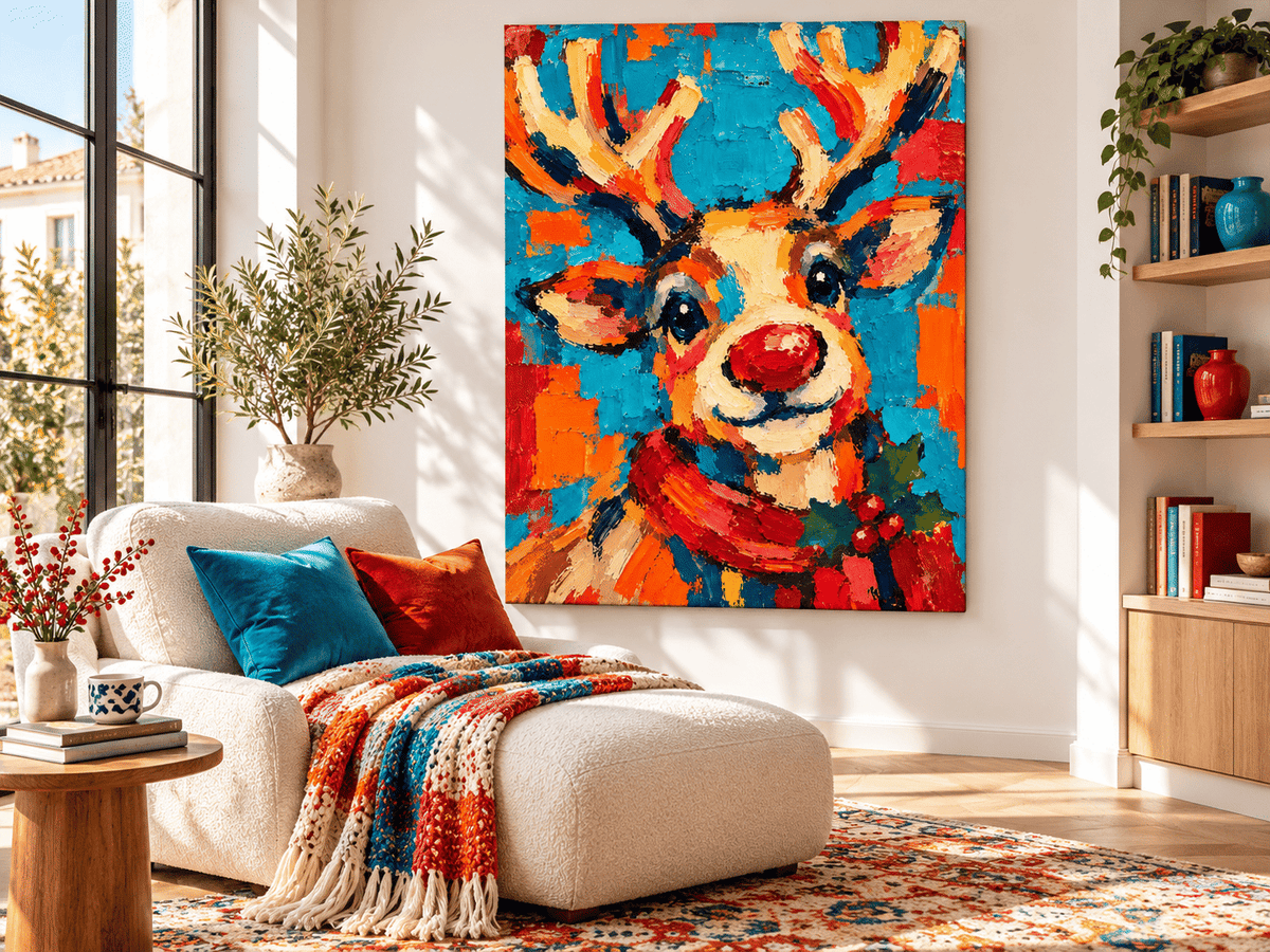 Hand-Painted Reindeer Canvas Art With Red Nose And Holiday Scarf Festive Holiday Wall Art For Living Room Modern Colorful Decor