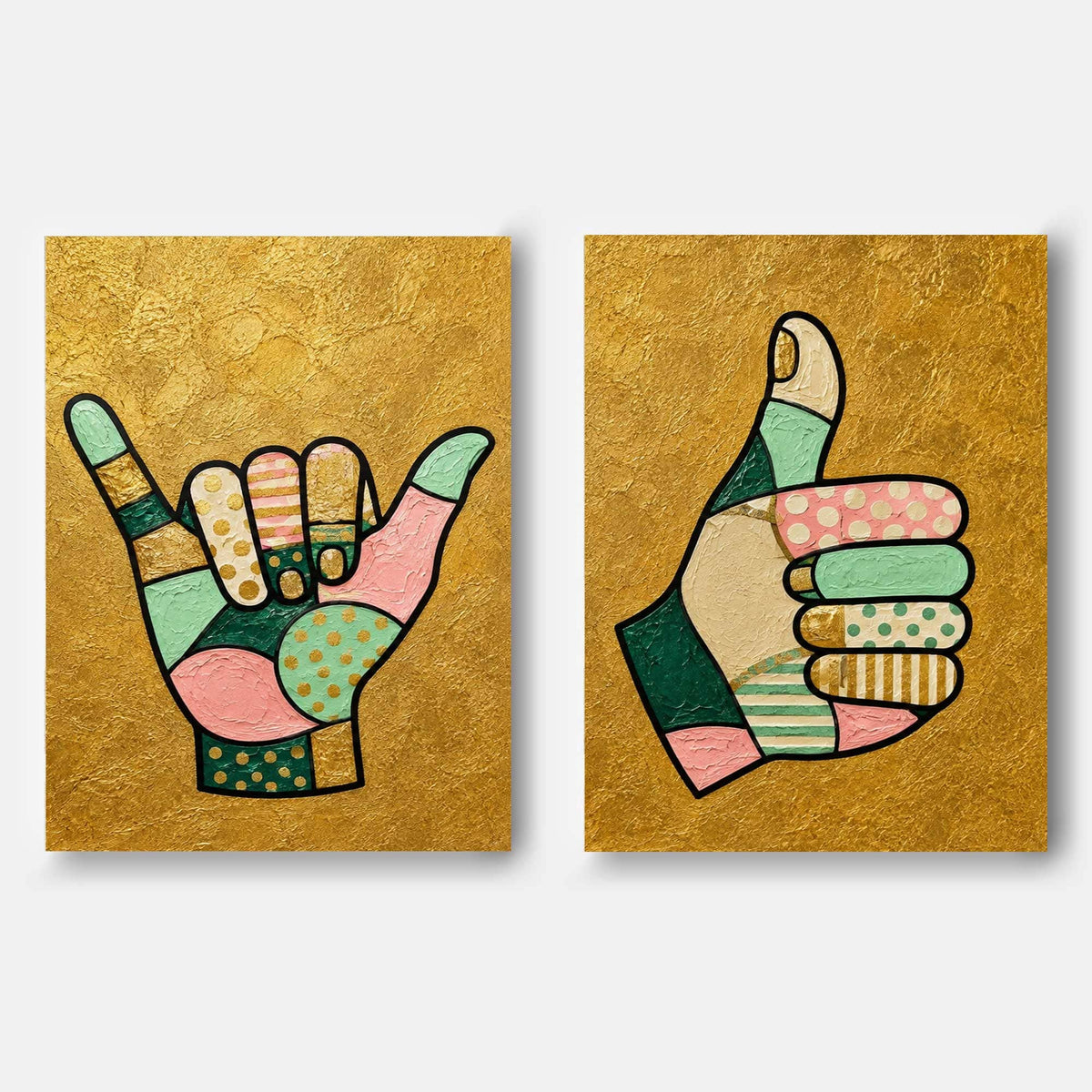 Hand-Painted Shaka And Thumbs Up Canvas Art Set With Gold Background