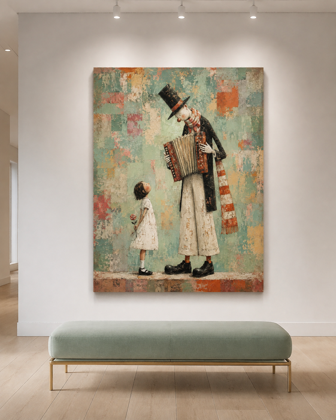 Hand-Painted Accordion Man And Girl Canvas Art With Rose Vintage Style