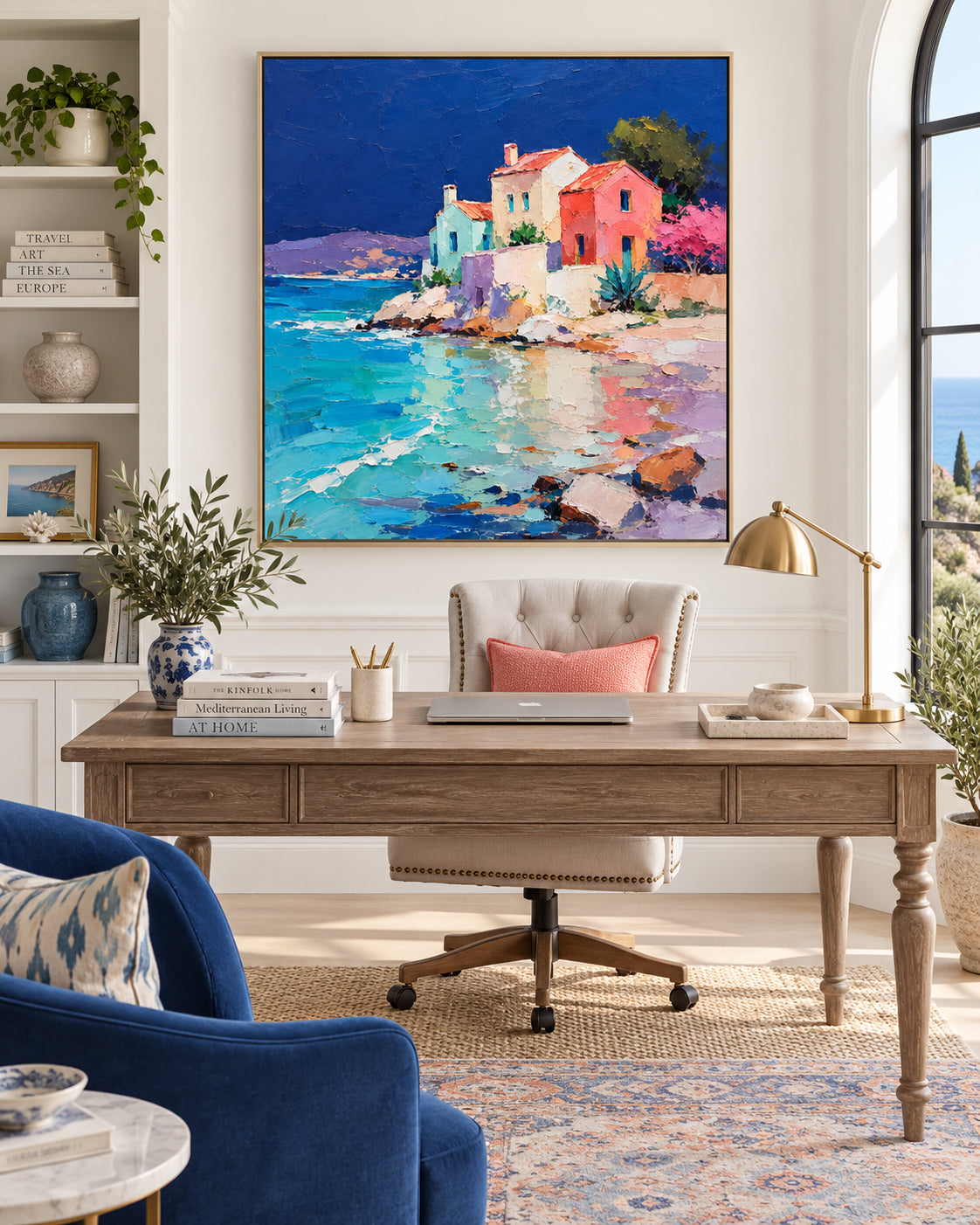 Colorful Mediterranean Coastal Houses With Sea Reflections Hand-Painted Canvas Art