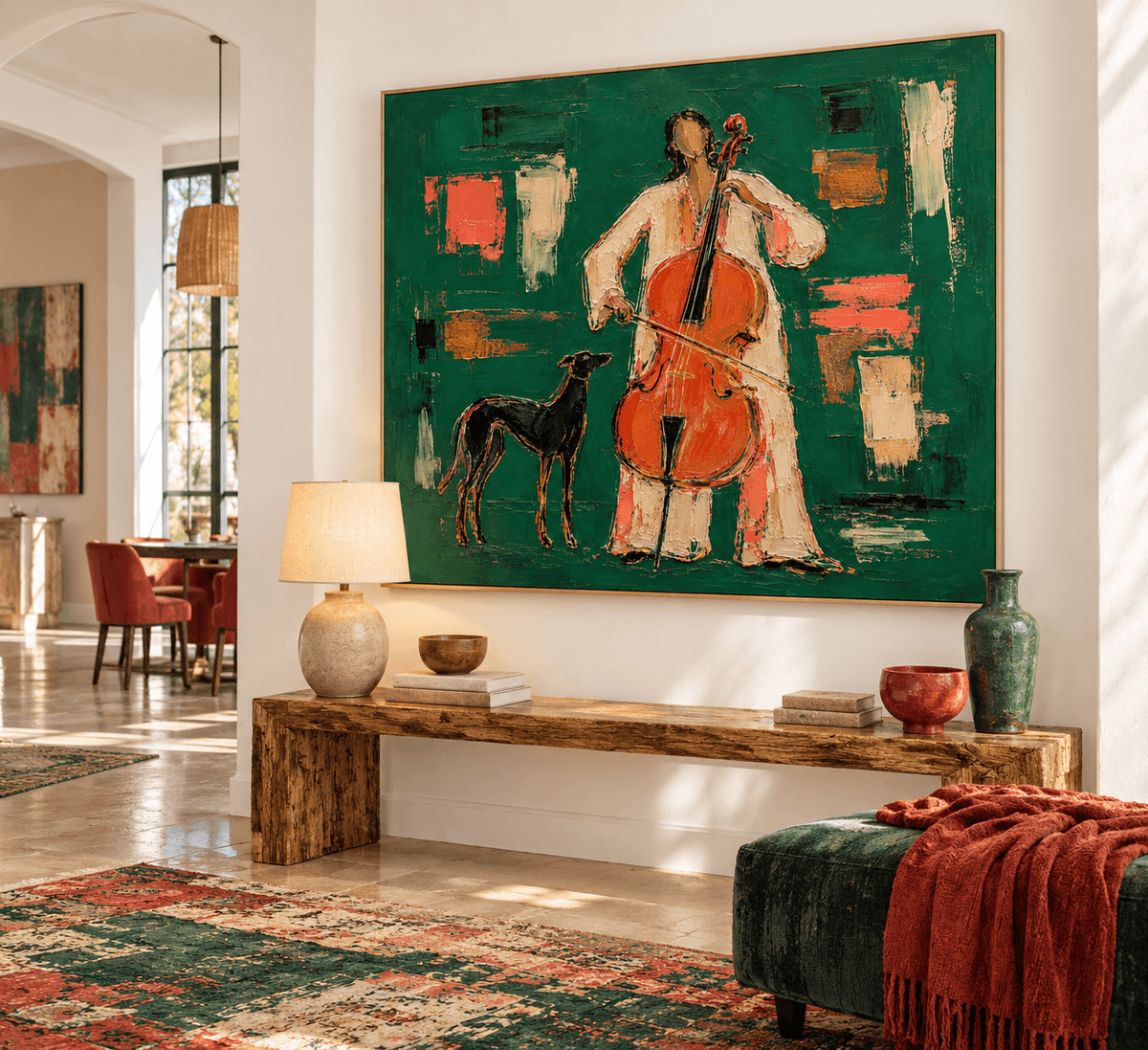 Textured Abstract Expressionist Art Elegant Musical Figure Painting In Emerald Tones