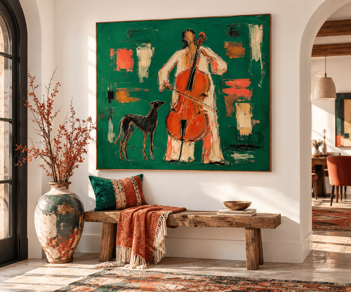 Textured Abstract Expressionist Art Elegant Musical Figure Painting In Emerald Tones