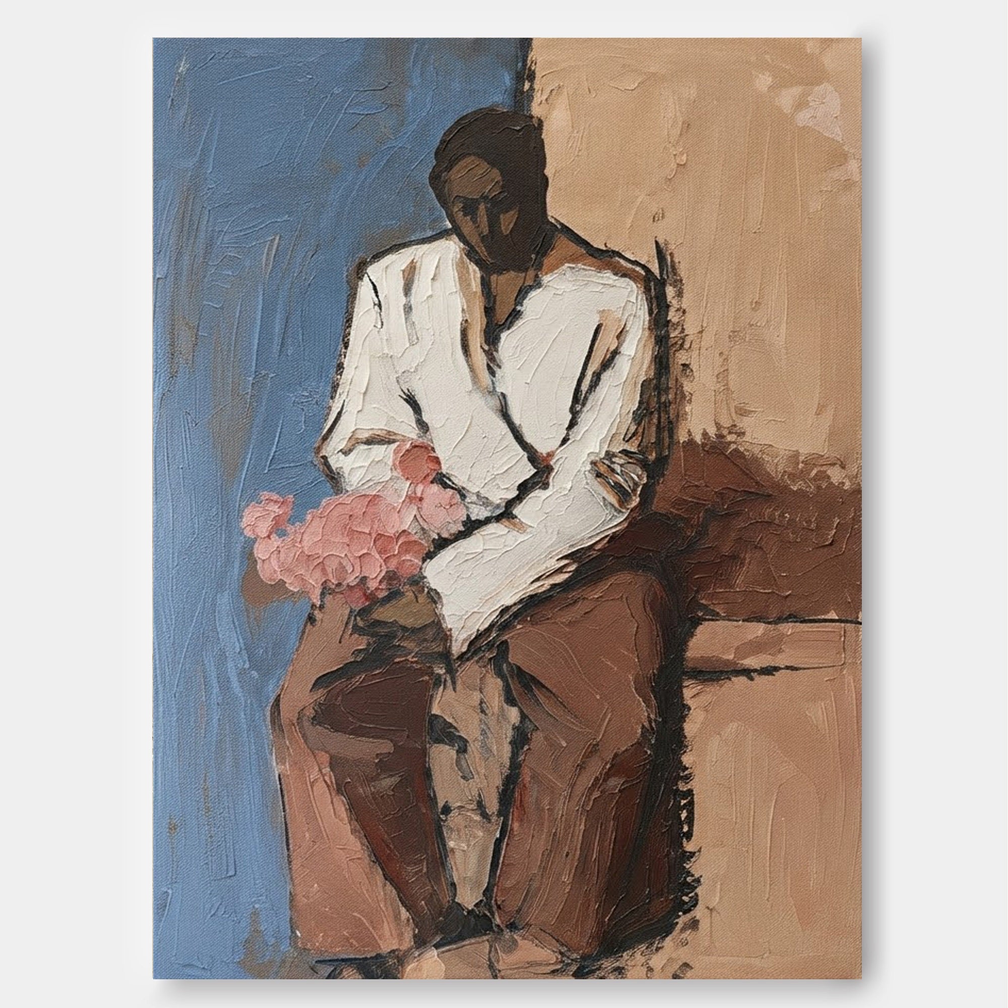 Expressive Figure Art With Thick Brushstrokes And Blue Brown Tones For Study Decor
