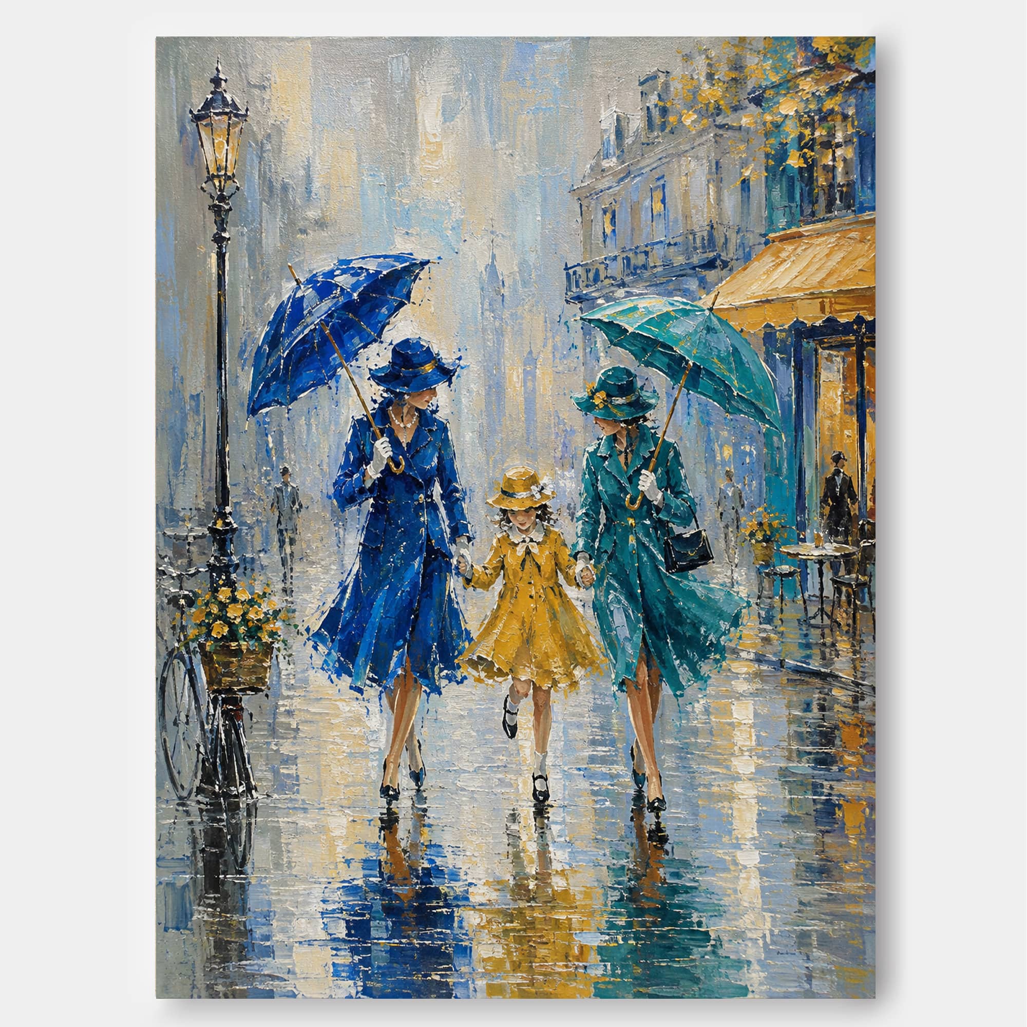 Impressionist City Life Painting With Umbrellas And Reflections In Blue And Yellow Tones