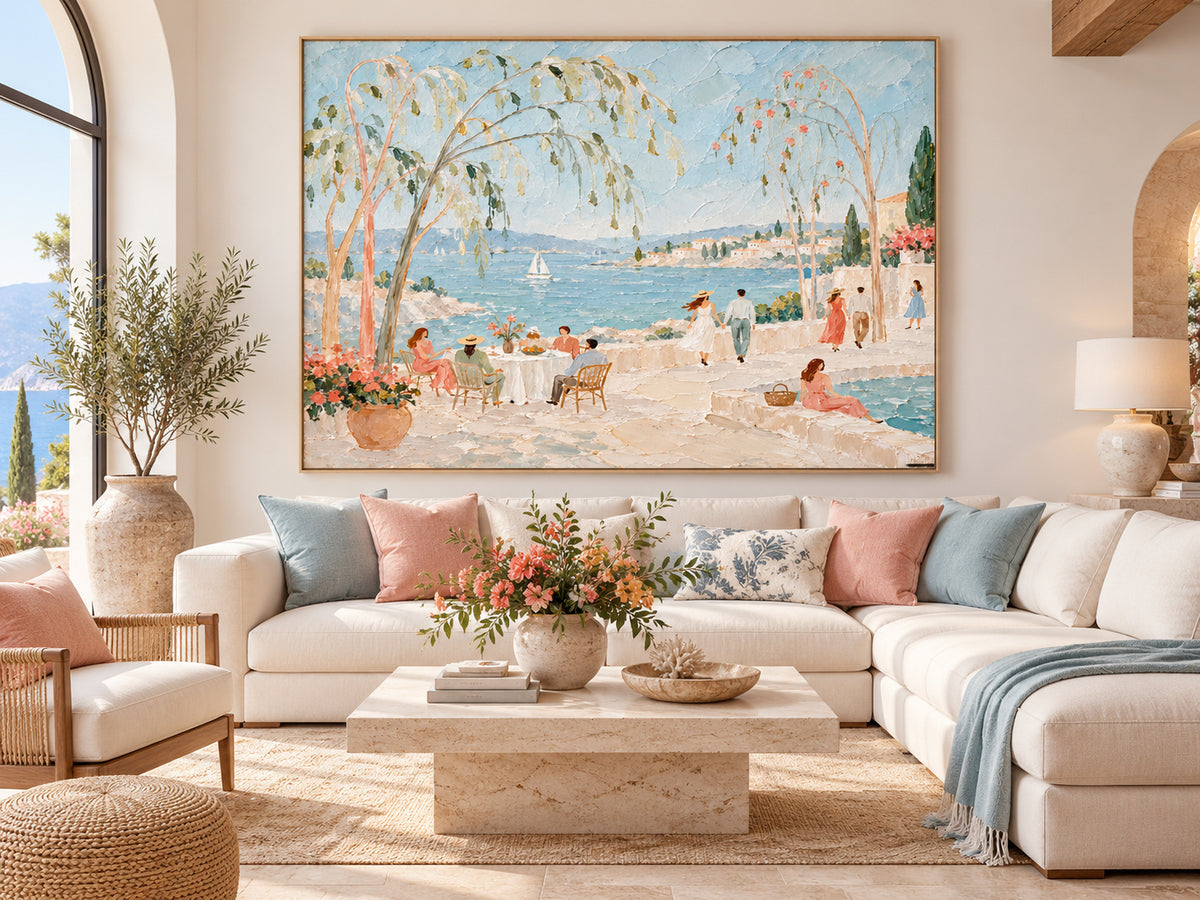 Hand-Painted Mediterranean Sea View With Sailboats And Terrace Gathering Canvas Art