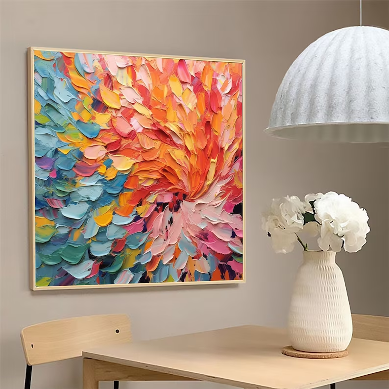 Original Texture Large Colorful Acrylic Painting Canvas Vibrant Colorful Abstract Flowers Oil Painting Modern Wall Art Home Decor