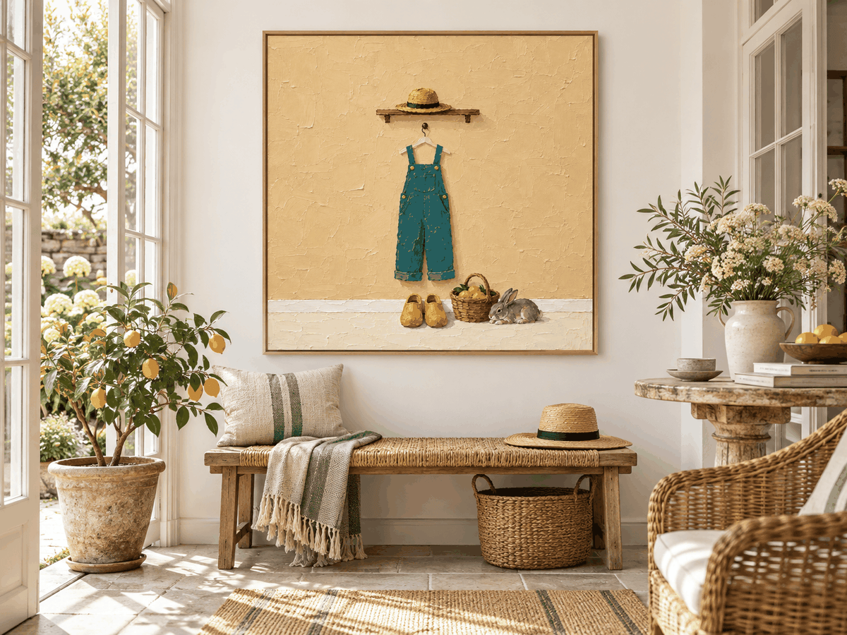 Rabbit And Overalls Wall Art Charming Entryway Art With Textured Beige And Blue-Green Tones