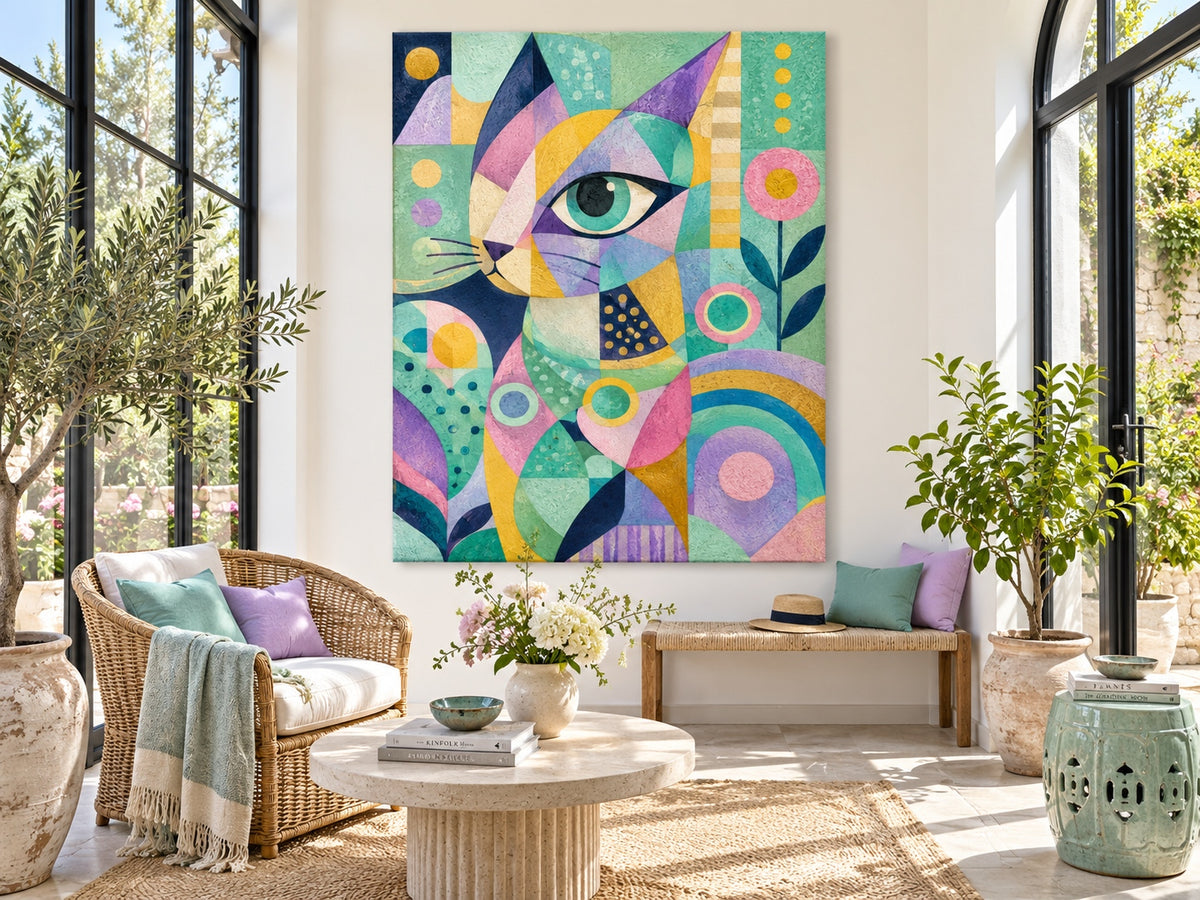 Modern Pop Art Cat Portrait With Textured Geometric Design