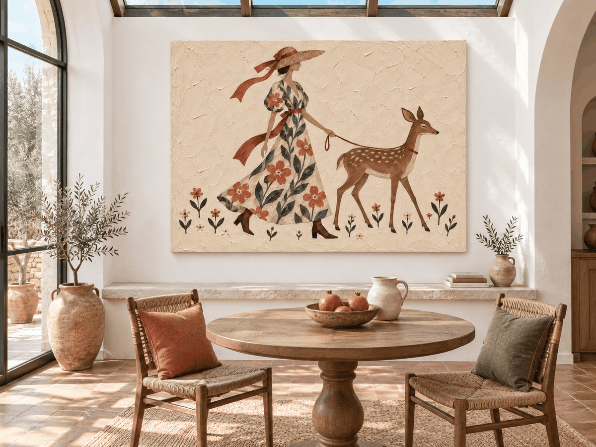 Lady With Deer Floral Hand-Painted Canvas Art In Warm Beige Tones