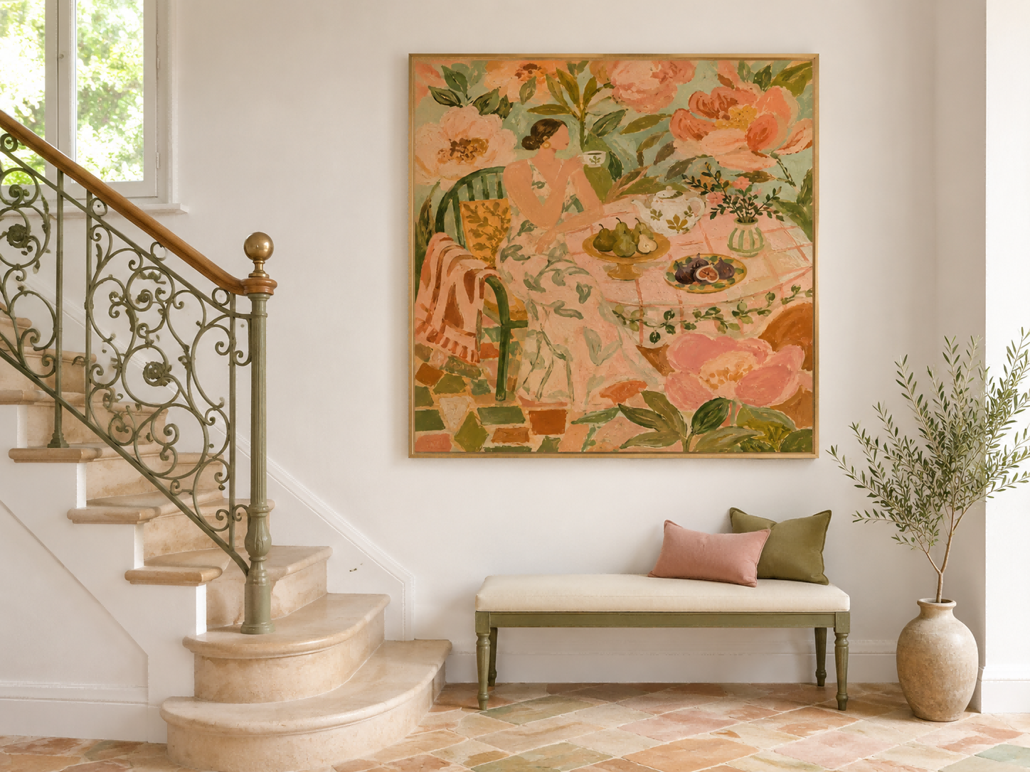 Whimsical Art Deco Style Oil Painting Of Lady In Garden Setting