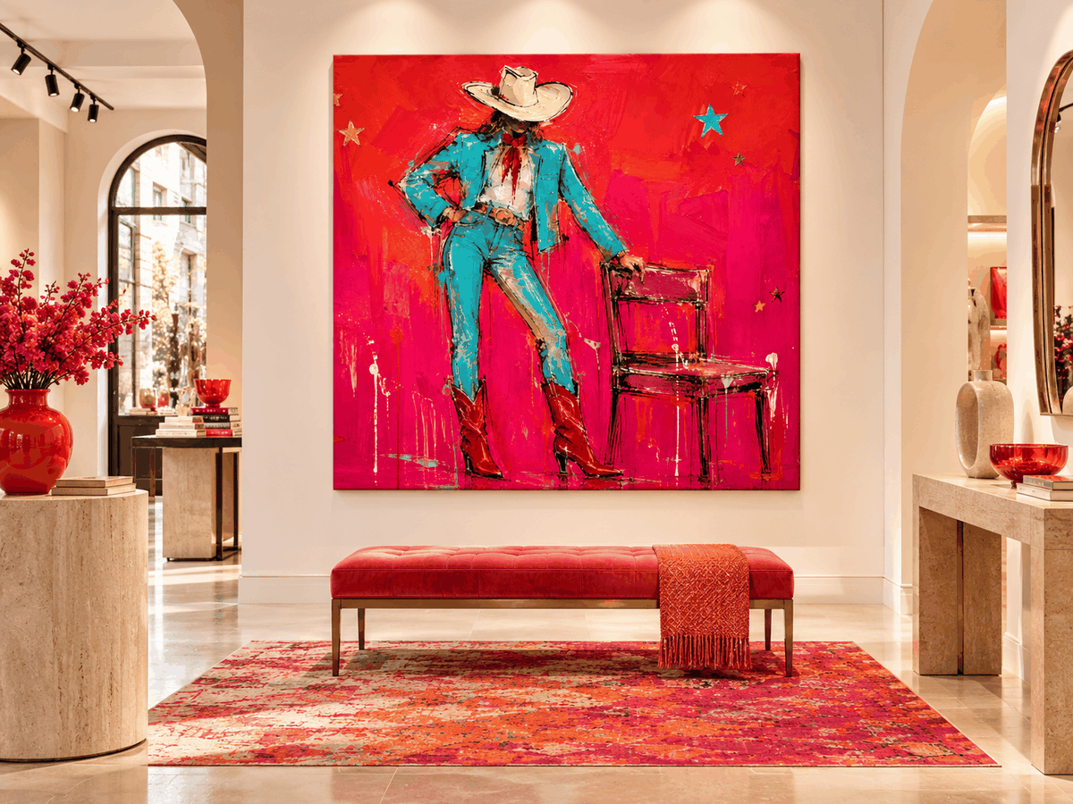 Cool Cowgirl With Red Boots Hand-Painted Canvas Art In Vibrant Red And Blue
