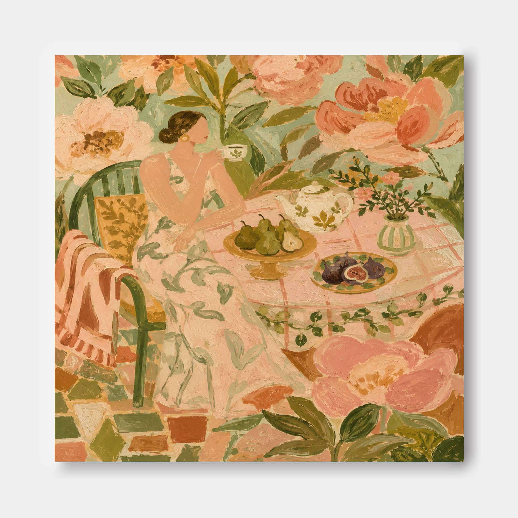 Whimsical Art Deco Style Oil Painting Of Lady In Garden Setting